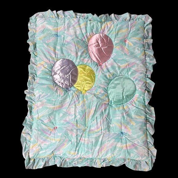 Vintage Baby Blanket Crib Quilt 1980s Pastel Ballons Ruffle Retro Bedding - Picture 2 of 7